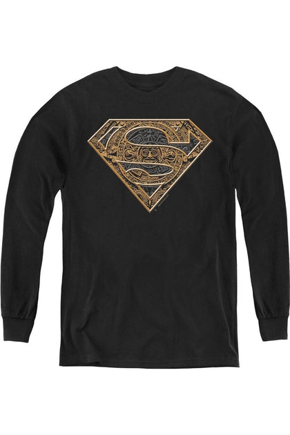 Gildan Superman Aztec Shield Youth Long Sleeve Tee Black XLarge 2