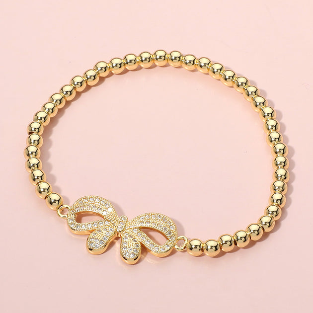 FASHNZFAB Stone Paved Bow Ball Beaded Stretch Bracelet Gold 3