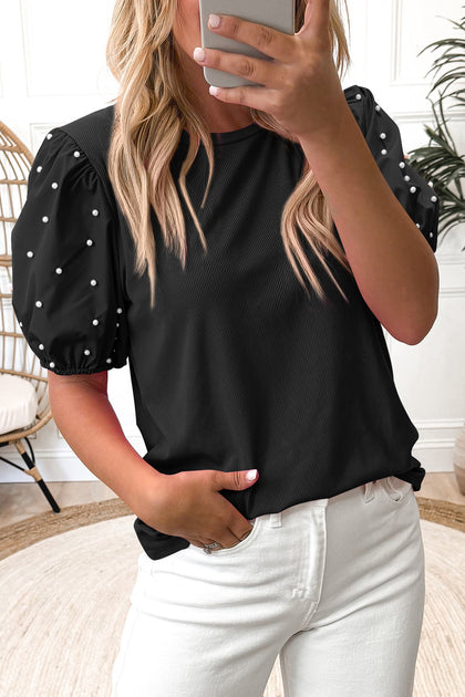 TRUEDAMES Ribbed Pearl Beaded Puff Sleeve Top Black Small 2