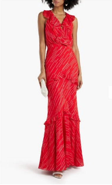 Saloni Rita Ruffled Silk Blend Maxi Dress Red US 0 2