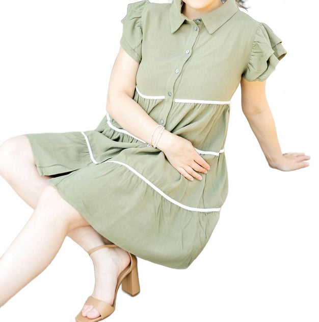 SHE + SKY Ruffle Sleeve Woven Tiered Button Down Dress Green Small 3