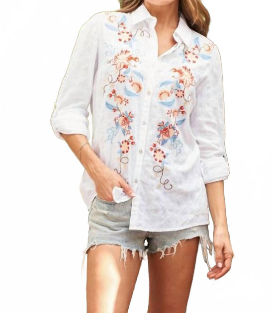 PAPARAZZI Woven Embroidered Front Shirt White Medium 2