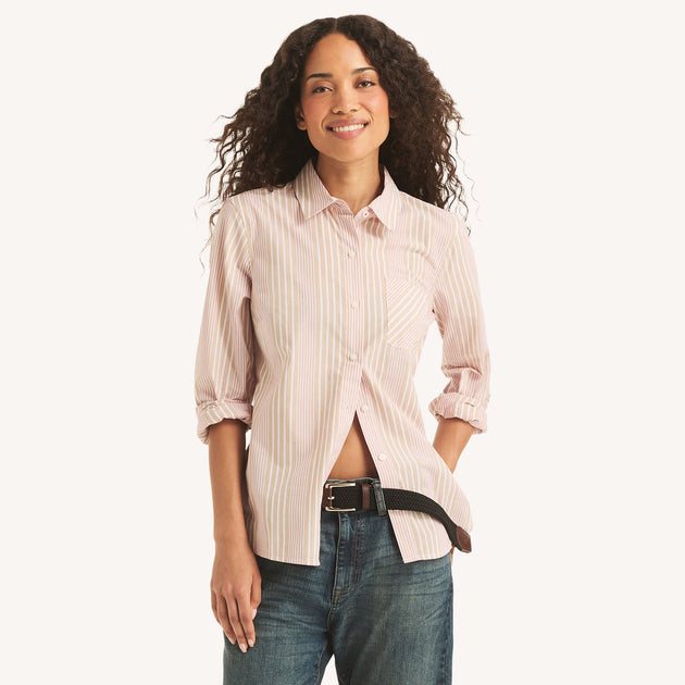 Nautica Striped Button-Up Shirt Pink Medium 2