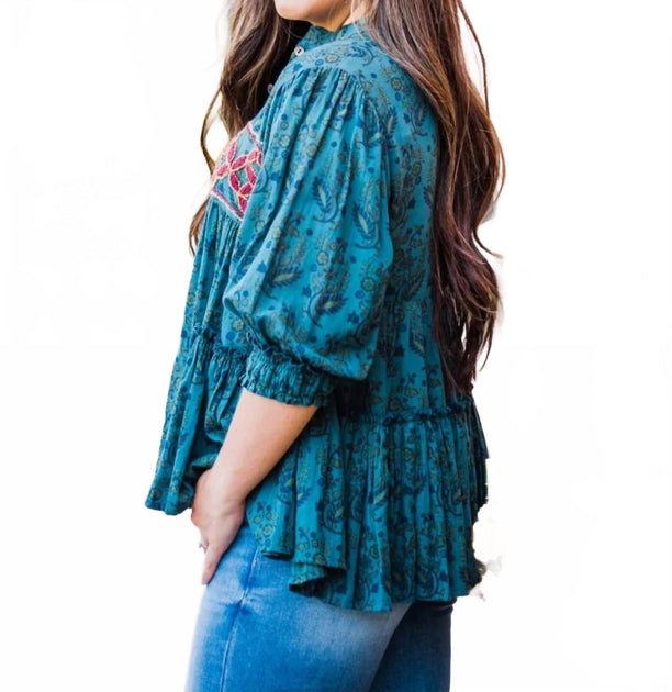 Layerz Clothing Embroidered Paisley Top Blue Medium 3