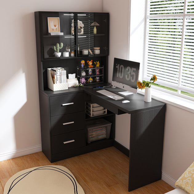 GOODSILO Eckbürotisch in L-Form mit Glasschränken 3