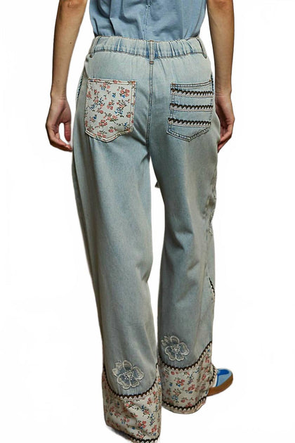 POL Floral Patches Embroidery Elastic Band Casual Pants Blue Large 4