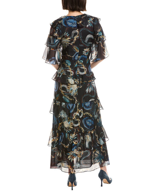 Marchesa Notte Printed Silk-Blend Ruffle Midi Dress Black US 8 3