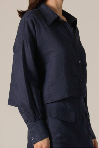 P.CILL Frankie Linen Cropped Button Up Top Blue XS 3
