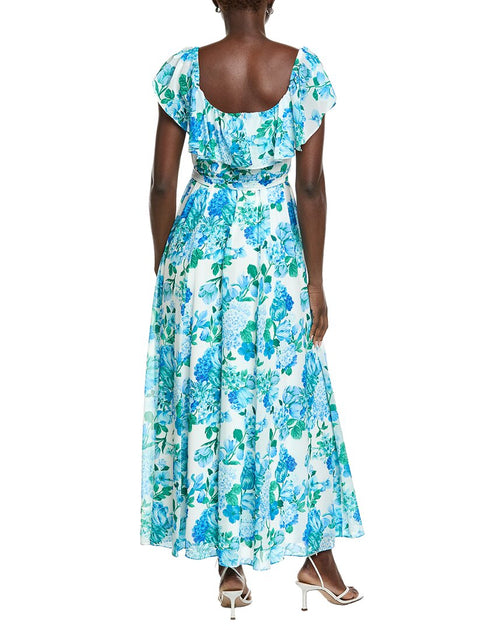 Maison Tara Printed Chiffon Crepe Short Sleeve Maxi Dress Blue US 14 3