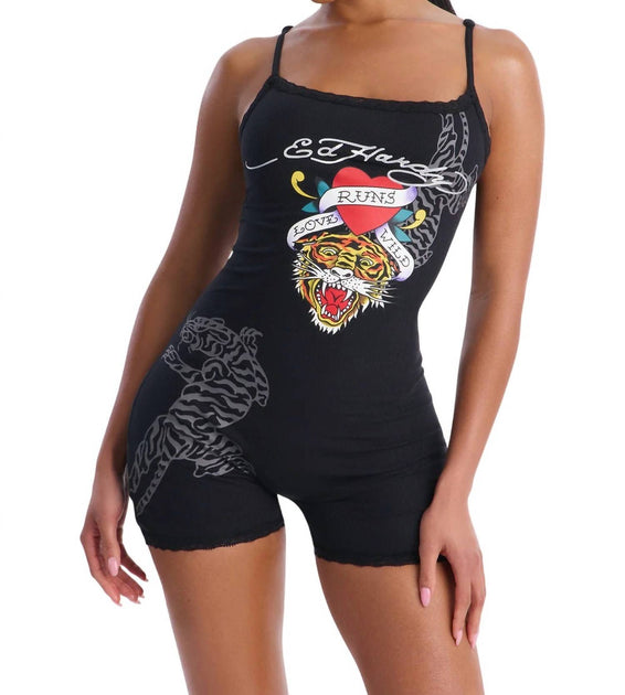 Ed Hardy Tiger Head Lace Sleep Romper Black Small 2