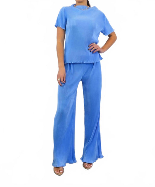 SurelyMine Pleated Mock Neck Short Sleeve Pant Set Blue Large 3
