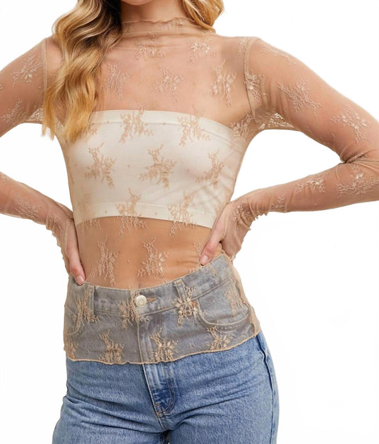 BluIvy Floral Embroidery Mesh Top Beige Small 2