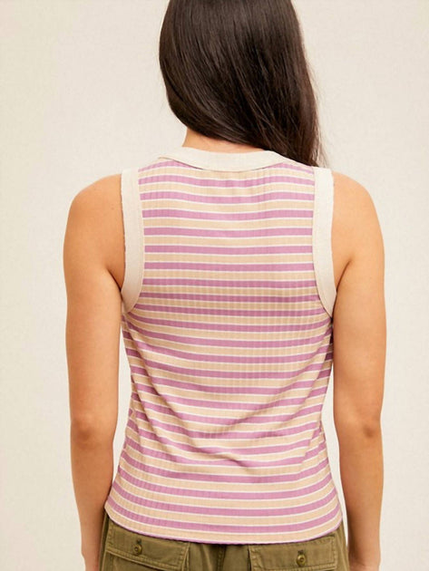 Hem & Thread Round Neck Ribbed Striped Tank Top Pink Medium 4