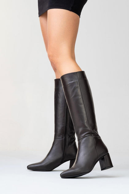 Forever & Always Sejas Leather Block Heel Knee-High Boot Grey US 7 3