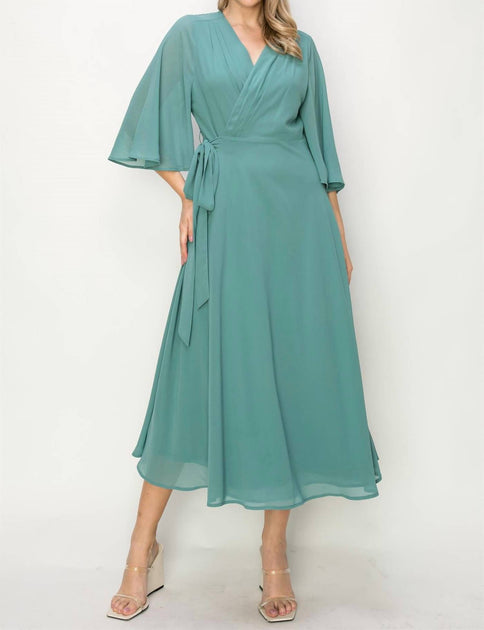 Onetheland Wrap Knit V Neck Midi Dress In Dusty Teal