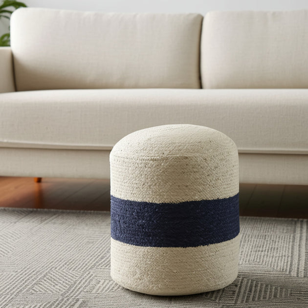 Hivvago 18 Inch Pouf Ottoman Off White Navy Blue 2