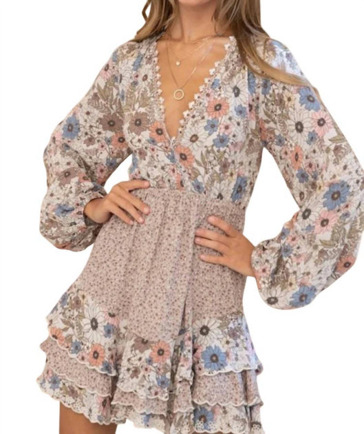 Blue B Jasmine Robe Mini à Volants et Dentelle Florale beige Large 4