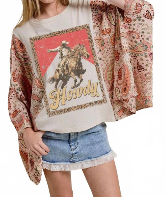 Zutter Howdy Western Cowboy Graphic Sheer Sleeve Top Pink Small 2