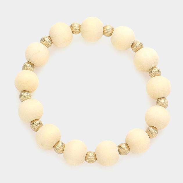 FASHNZFAB Wood Ball Stretch Bracelet Ivory Gold One Size 3