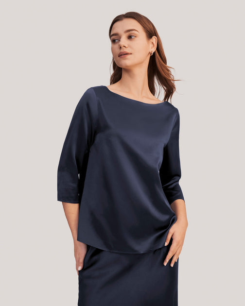 LILYSIL Boat Neck Silk Blouse Blue Medium 4