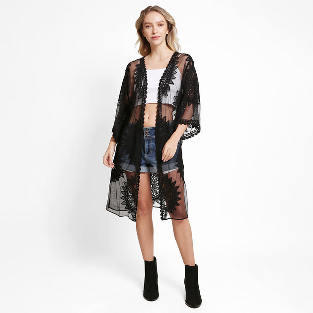 TRUEDAMES Lace Cover Up Kimono Poncho White One Size 2