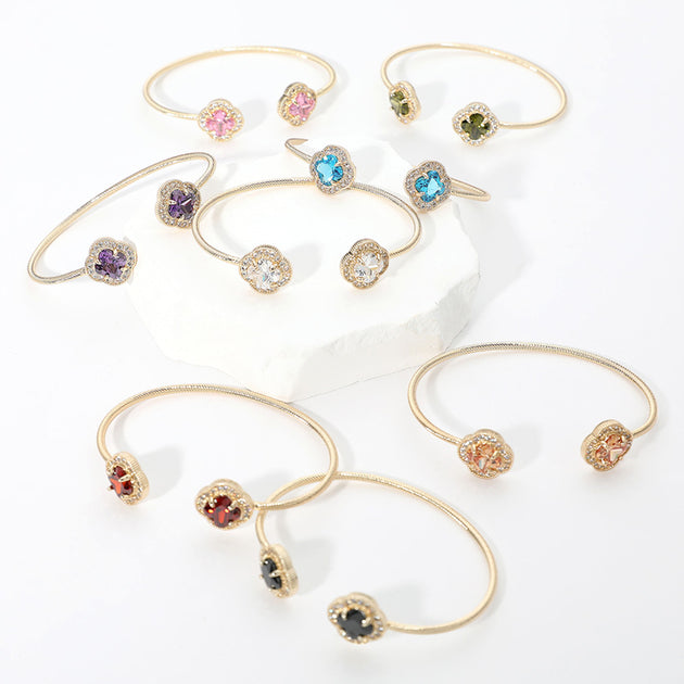 FASHNZFAB CZ Quatrefoil Stone Tip Cuff Bracelet Blue Gold One Size 4