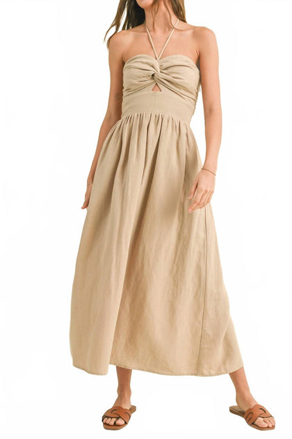 MIOU MUSE Twisted Halter Maxi Dress Beige Medium 2