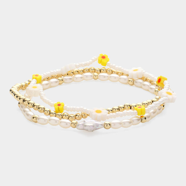 FASHNZFAB Mutter-der-Perle Blumen Perlenarmband Silber Einheitsgröße 2