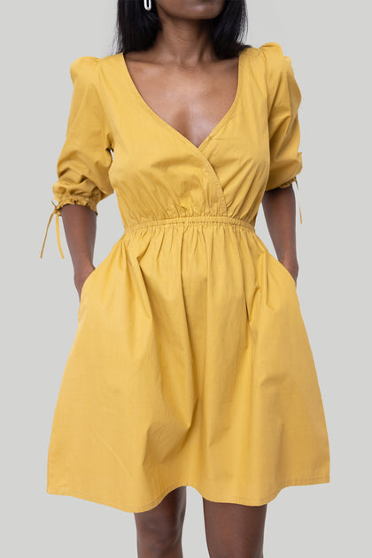 Reistor Gathered Elbow Sleeve Dress Yellow Large 4