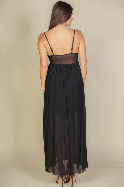TRUEDAMES Plunge Neck Split Thigh Mesh Maxi Dress Weiß Large 4