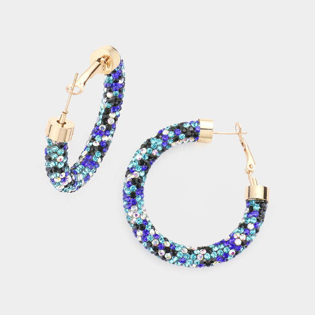 FASHNZFAB Clear Stone Detail Rhinestone Pave Half Hoop Earrings Blue 2