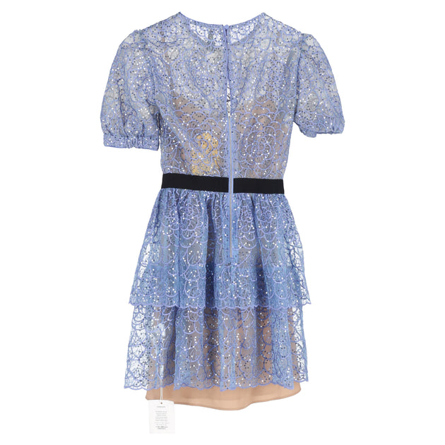 Self-Portrait Sequined Lace Mini Dress Blue UK 6 3