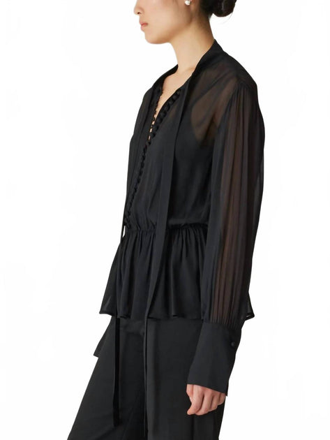 Rebecca Taylor Covered Button Tie Blouse Black Small 3