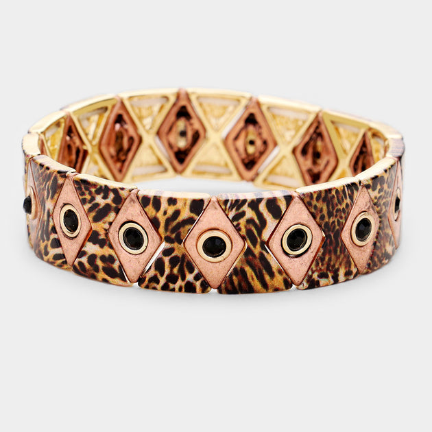 FASHNZFAB Multi Rhombus Pattern Rhinestone Metal Stretch Bracelet Brown One Size 3