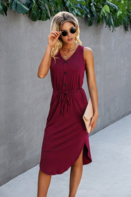 TRUEDAMES Einfarbiges Kleid mit V-Ausschnitt und Kordelzug 2