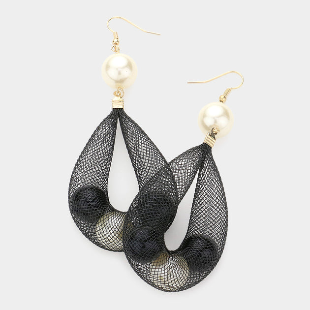 FASHNZFAB Mesh Tube Pearl Drop Ohrringe Schwarz 4