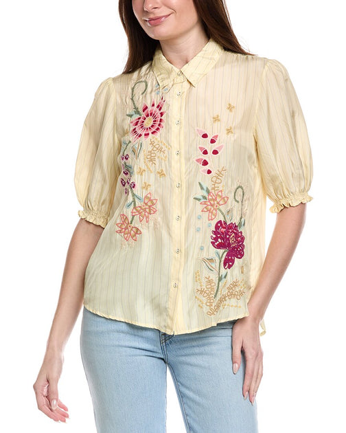 Johnny Was Lisbon Silk Shirt Beige Large 2