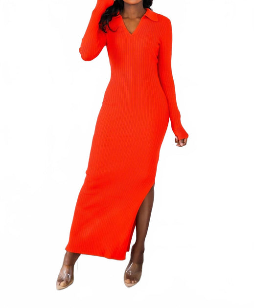 SurelyMine Collar Ribbed Long Sleeves Maxi Dress Red Large 4