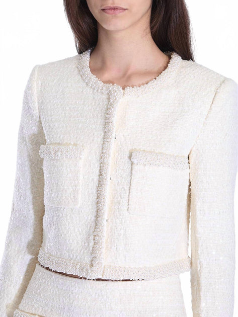 self-portrait Boucle Pearl Trim Jacket In Cream | ShopSimon