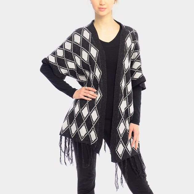 Truedames Diamond Pattern Fringe Trim Poncho Shawl Beige 3