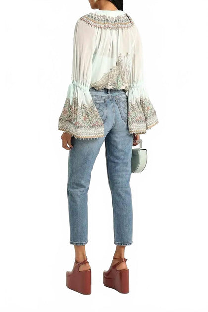 Zimmermann Bead-Embellished Printed Chiffon Blouse White US 6 3