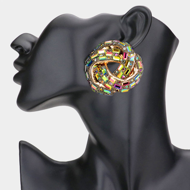 FASHNZFAB Cylinder Stone Embellished Round Post Earrings Pink 3