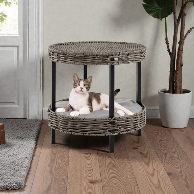 Hivvago Two-Level Woven Rattan Cat Bed Grey 2