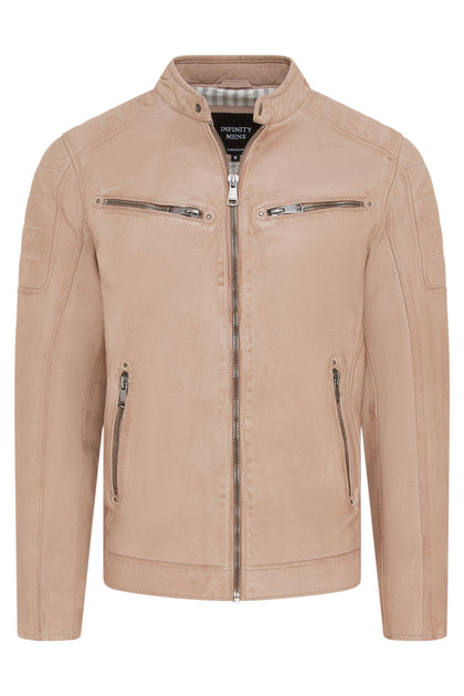Infinity Smithton Blue Leather Biker Jacket Beige XS 3