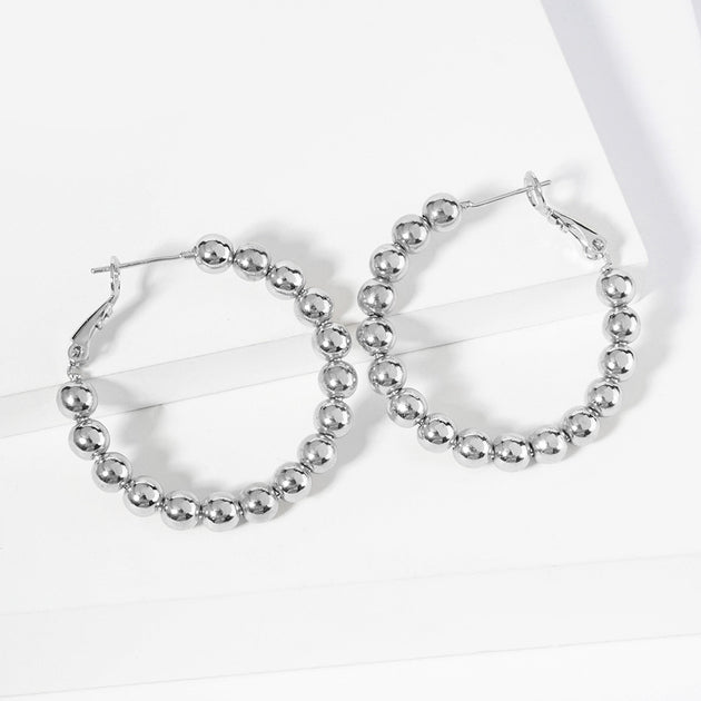 FASHNZFAB Metal Ball Beaded Hoop Earrings White Gold 2