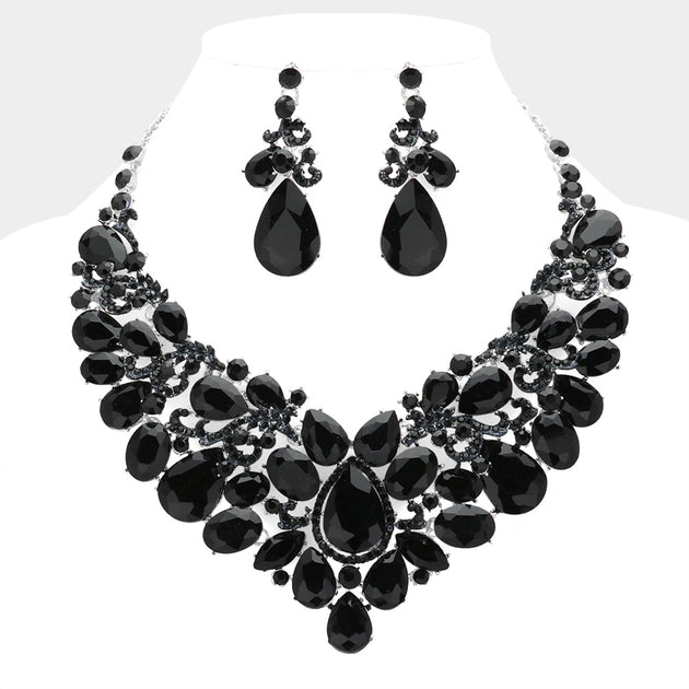 FASHNZFAB Teardrop Stone Embellished Statement Evening Necklace Black 4
