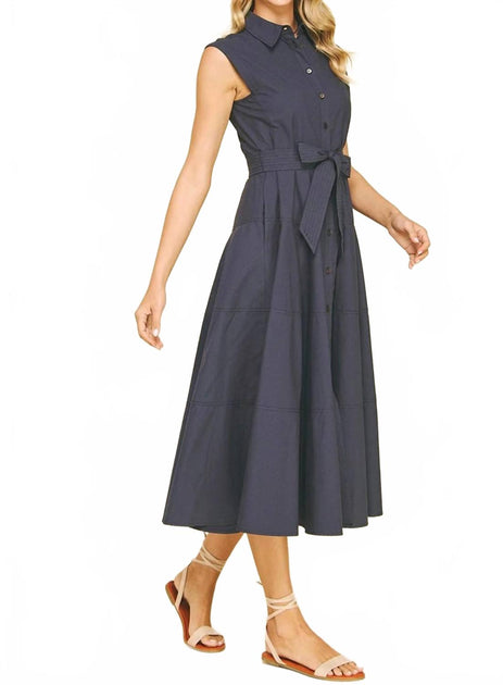 PINCH Button Down Sleeveless Midi Dress Blue Large 3