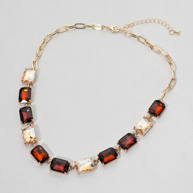 FASHNZFAB Rectangular Stone Cluster Link Necklace Brown Gold One Size 3