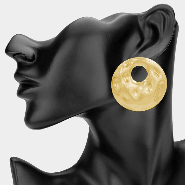FASHNZFAB Hammered Metal Round Statement Earrings Gold 3