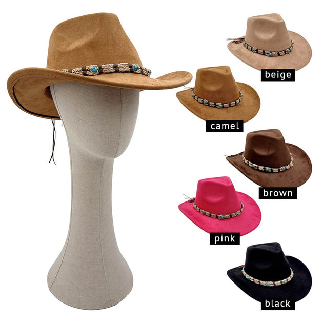FASHNZFAB Boho Stone Accent Western Cowboy Hat Black 4